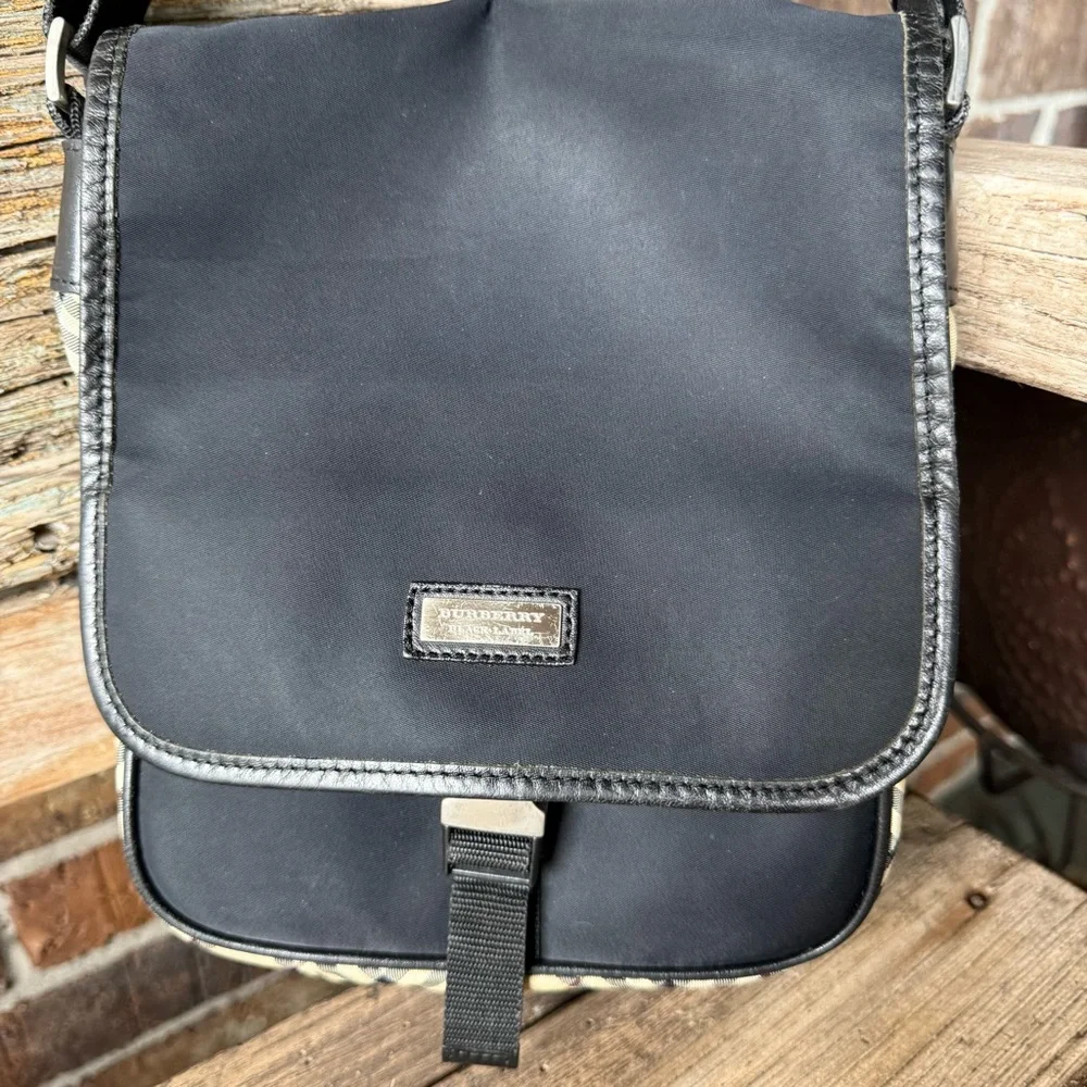 Burberry Nova Check Black Label Messenger Bag in Black Nylon with Leather Trim